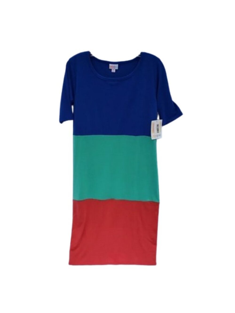 LuLaRoe Julia Dress Size M Colorblock Blue Green Red Short Sleeve Fitted NWT